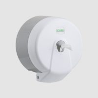 Dispenser alb pentru hartie igienica mini jumbo cu derulare centrala pentru spatii sanitare, restaurante, clinici, cafenele, hoteluri, spitale