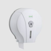 Dispenser alb pentru hartie igienica mini jumbo pentru spatii sanitare, restaurante, clinici, cafenele, hoteluri, spitale
