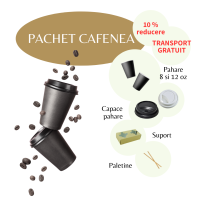 Pachet cafenea DISOCUNT 10% reducere pahare carton negre 8 oz 12 oz, capace pahare carton, suporturi pahare, paletine lemn